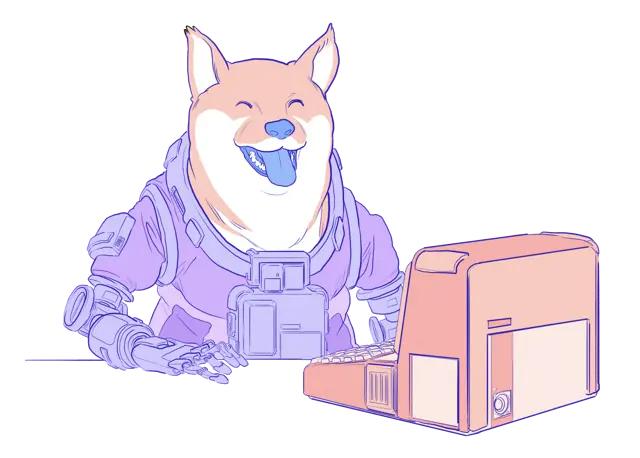 Illustration of a doge using a computer.