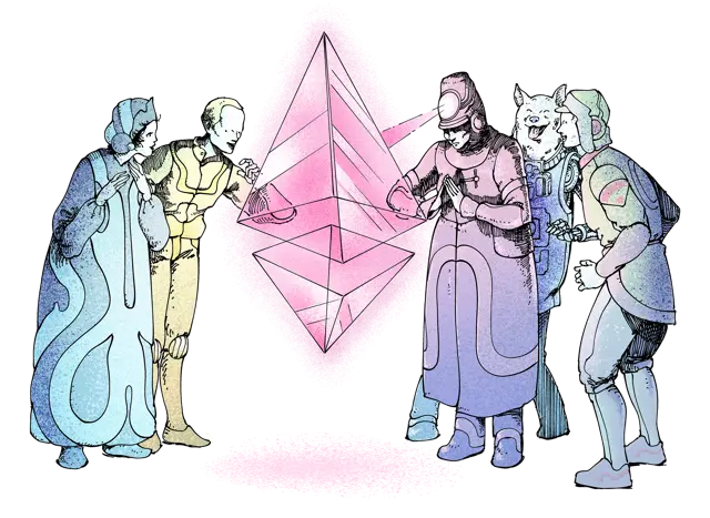 Illustration of a group of people marvelling at an ether (ETH) glyph in awe.